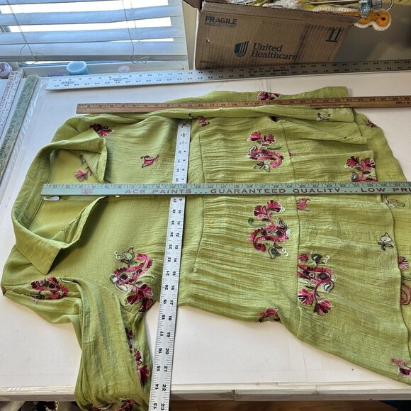 Womens Fig & Flower Lime Green Blouse Large Sheer Button Up Embroidered Boho - Picture 2 of 10